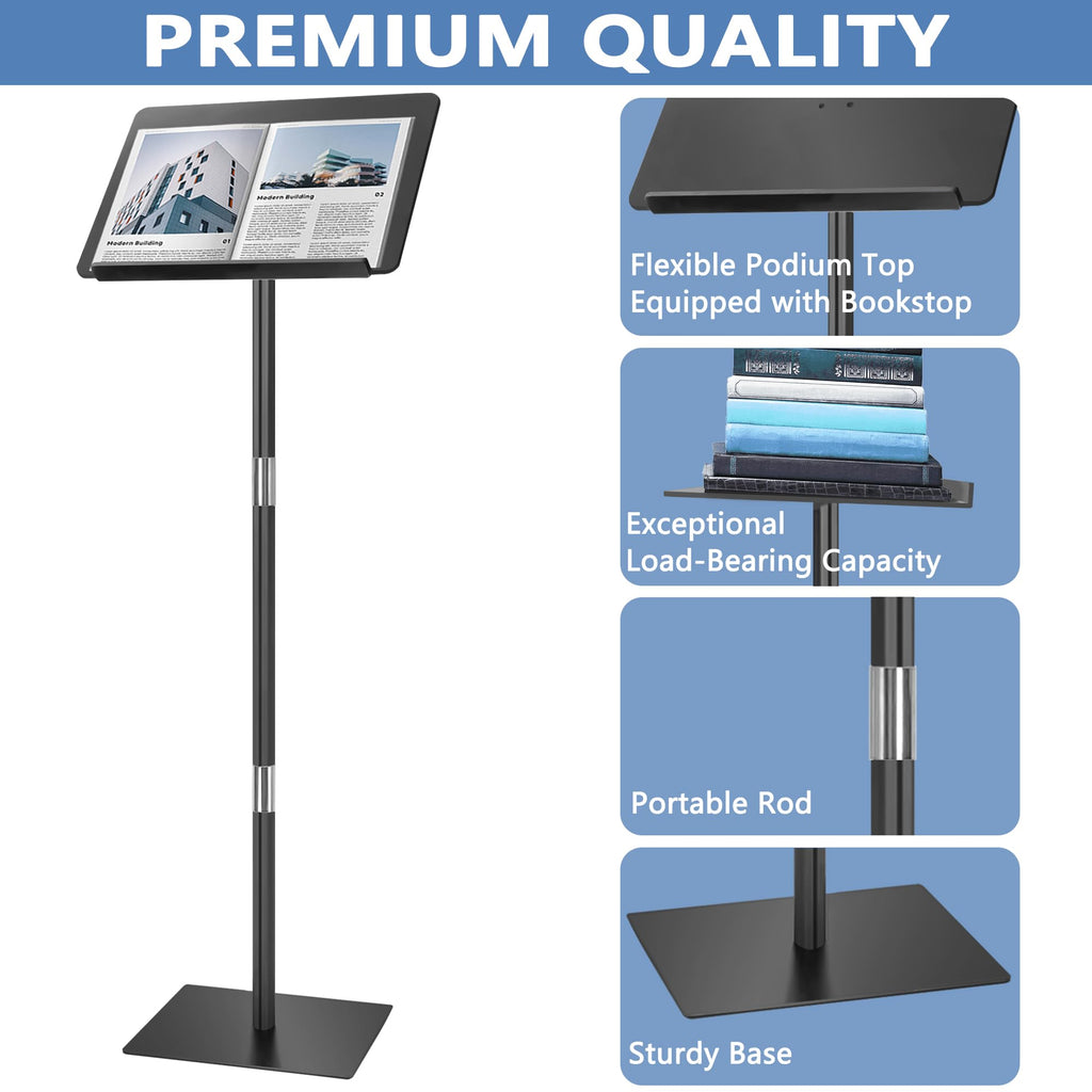 Podium Stand, Lecterns & Podiums, Acrylic Podium, Portable Podium Stand, Adjustable Angles with Metal Base, Podium for Classroom, Church, Weddings, Speech, 16" L x 12" W x 46" H, Black