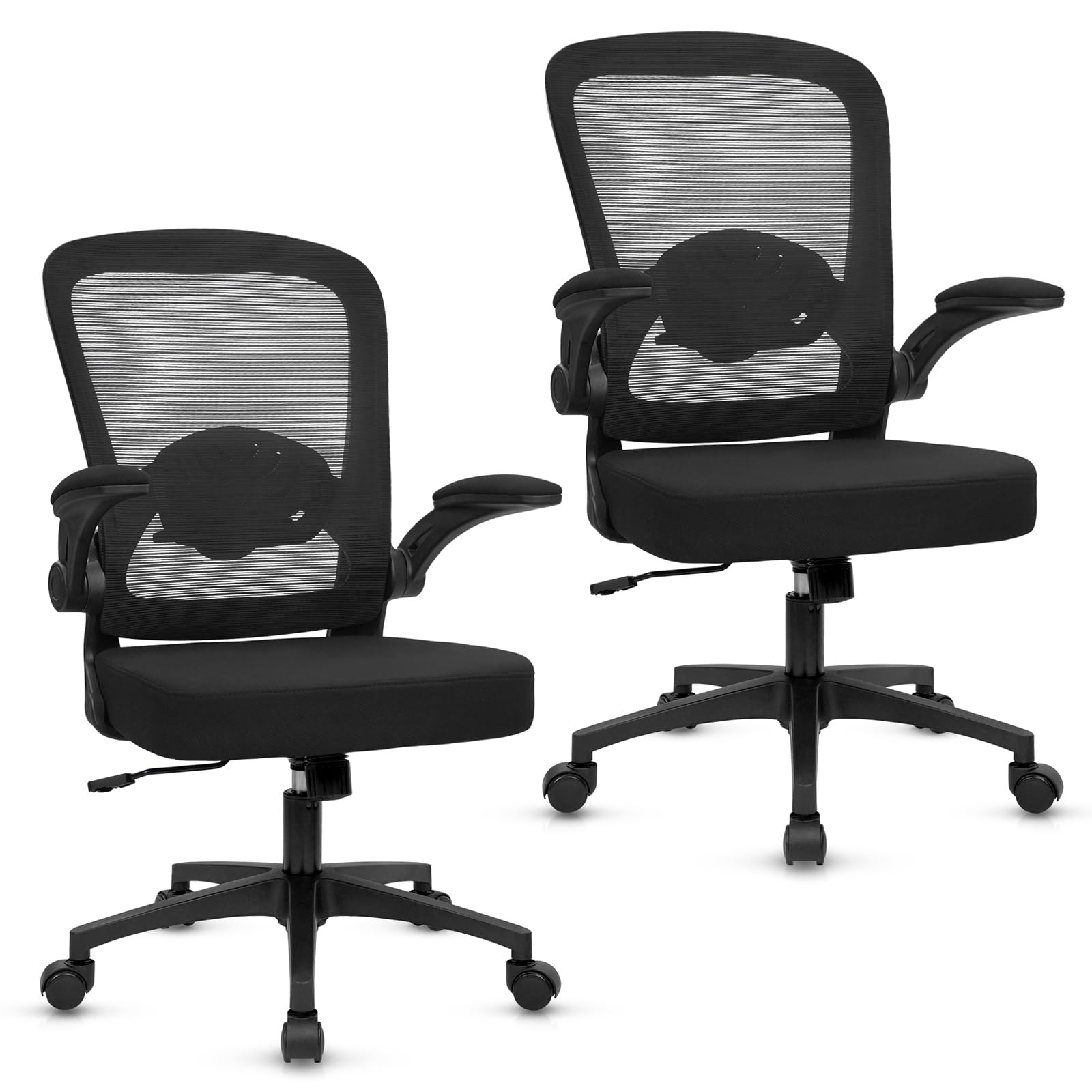 Home Office Desk Chair with Flip Up Armrests, Mesh Back Chair with Adjustable Height Lumbar Support, Ergonomic Computer Task Chair with Wheels for School, Conference, Black(2PK)