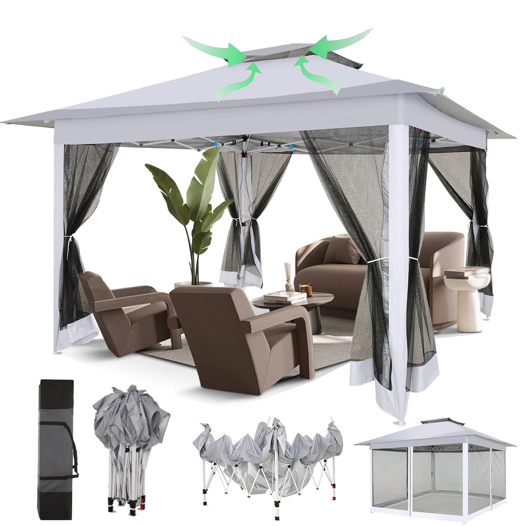 12x12 Pop Up Gazebo On Clearance - Upgrade Easy Up Metal Outdoor Canopy Waterproof - Portable Gazebo with Mosquito Nettings, 4 Ropes 8 Stakes and Carry Bag for Patio Garden(Light Gray)