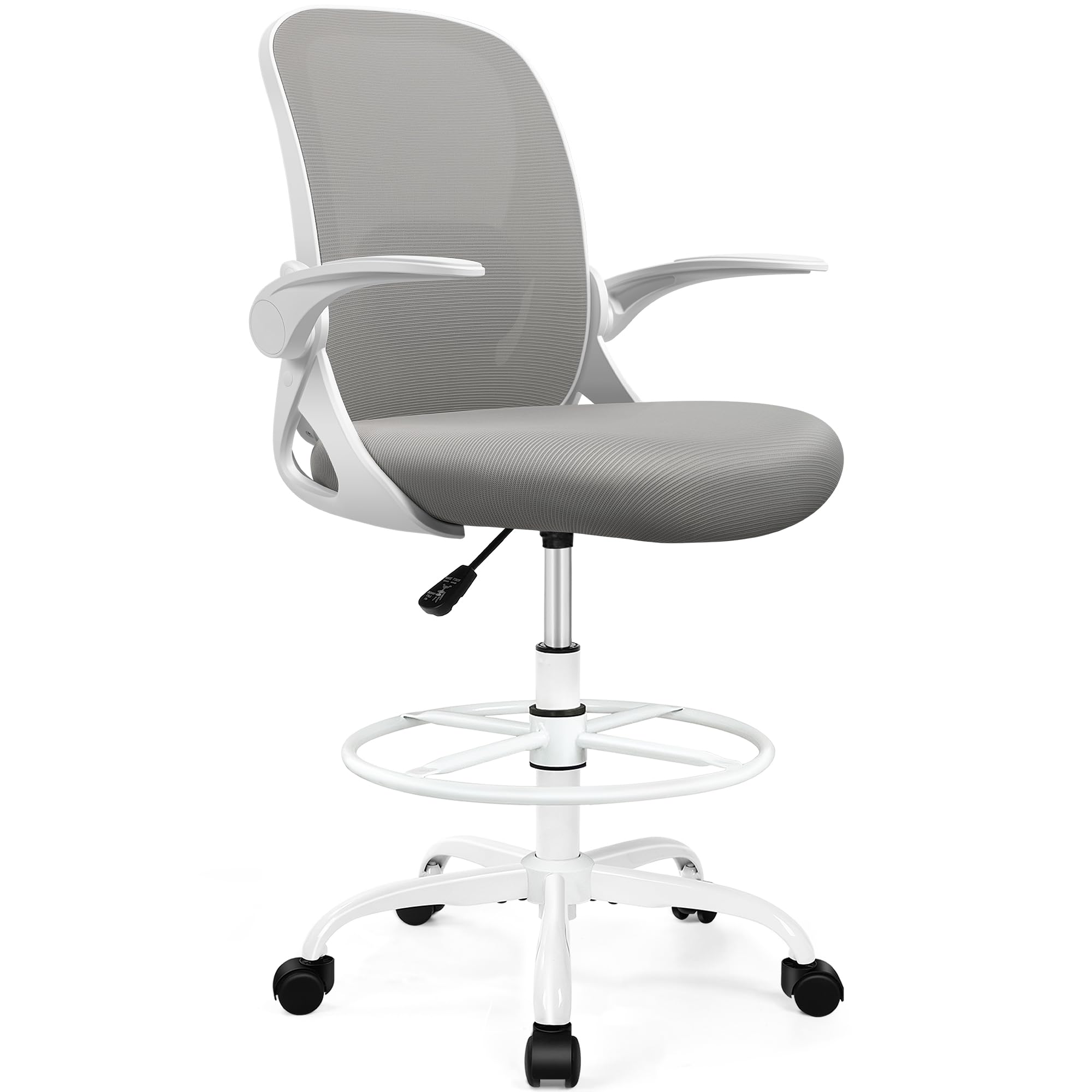 Drafting Chair Tall Office Chair with Flip-up Armrests, Adjustable Height, and Enhanced Lumbar Support - Ergonomic Rolling Stool, Back Support, and Adjustable Foot Rest Ring for Standing Desk Gray