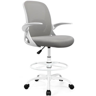 Drafting Chair Tall Office Chair with Flip-up Armrests, Adjustable Height, and Enhanced Lumbar Support - Ergonomic Rolling Stool, Back Support, and Adjustable Foot Rest Ring for Standing Desk Gray