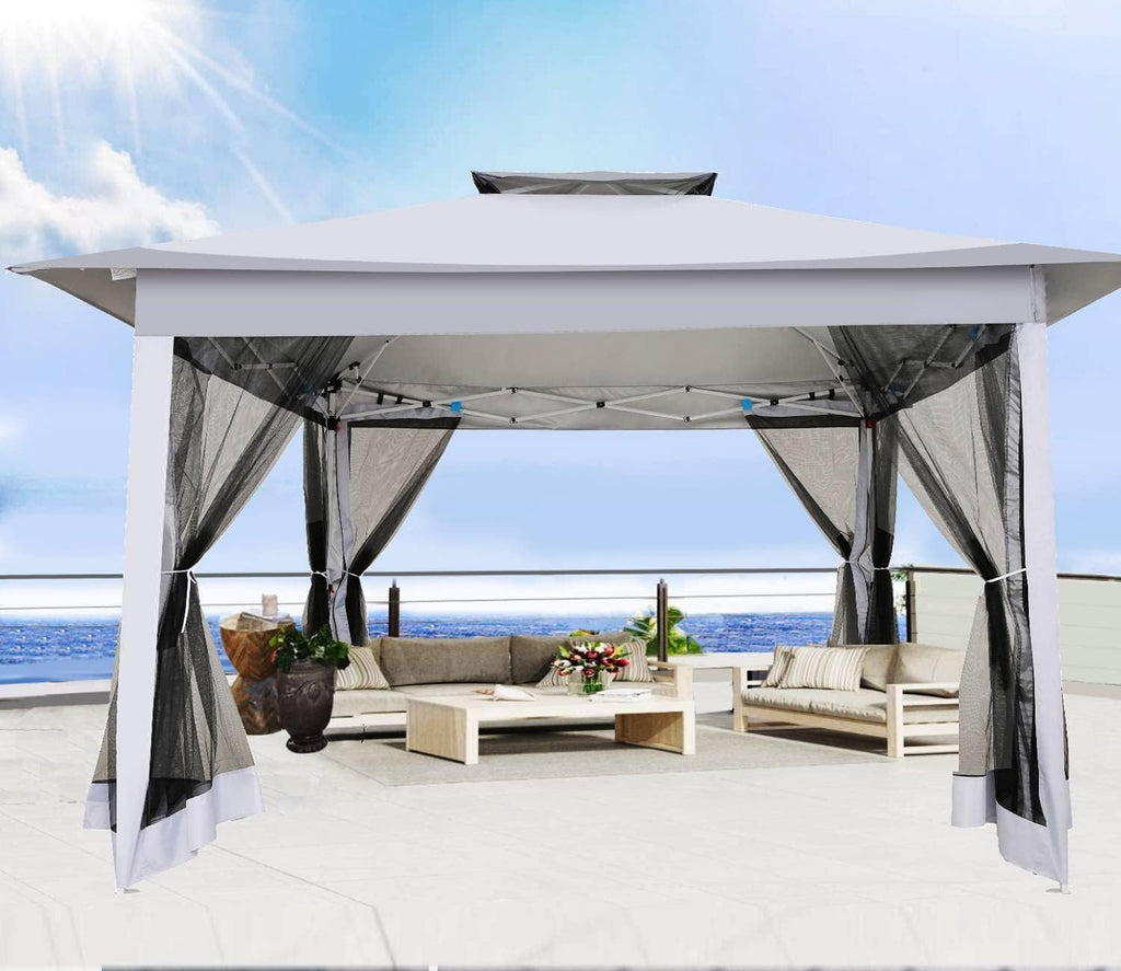 12x12 Pop Up Gazebo On Clearance - Upgrade Easy Up Metal Outdoor Canopy Waterproof - Portable Gazebo with Mosquito Nettings, 4 Ropes 8 Stakes and Carry Bag for Patio Garden(Light Gray)