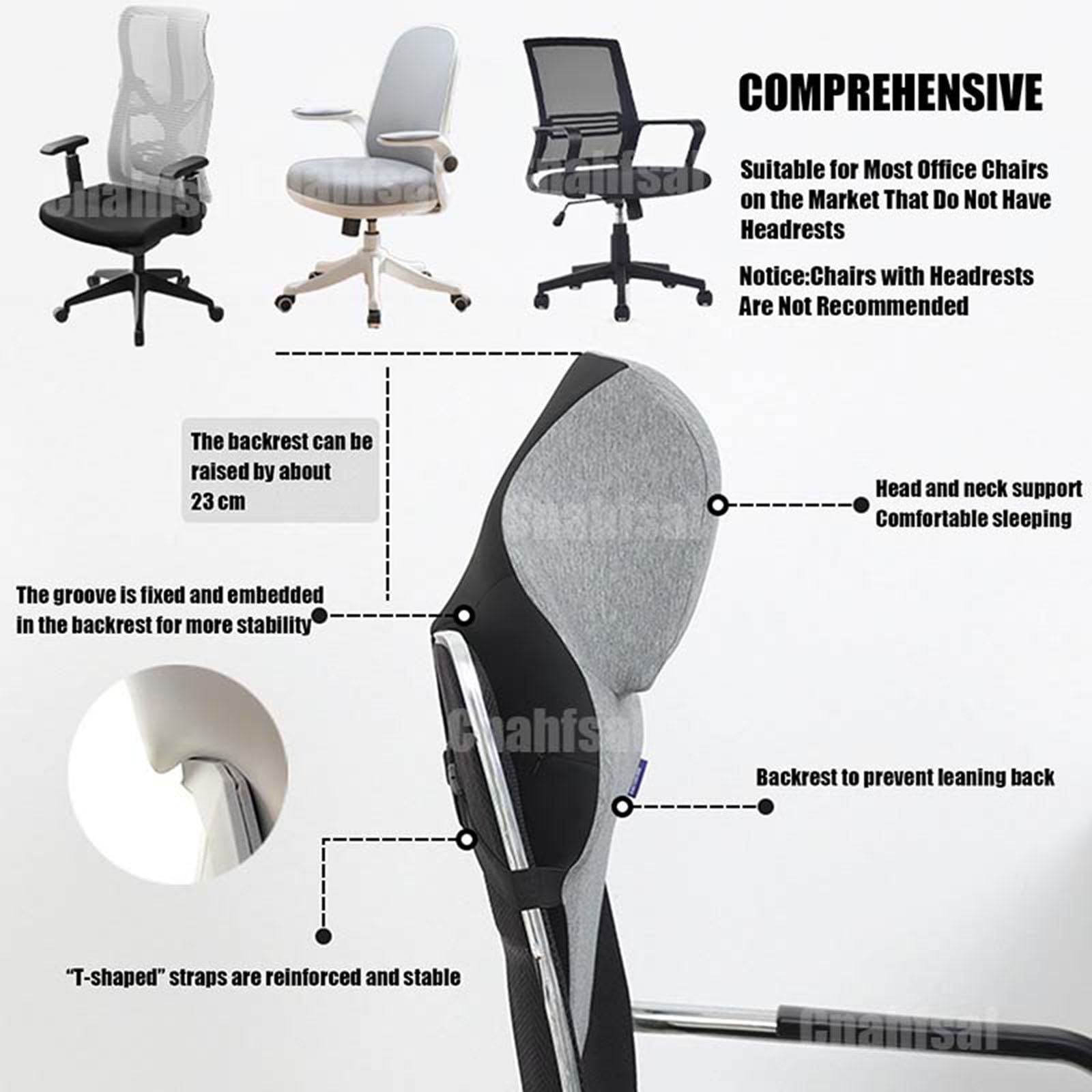 Neck Support for Office Chair，Memory Foam Neck Support Enlarge Head Rest for Office Chair，Washable Cover with Fixed Strap Suitable for Most Office Chairs Without Headrests