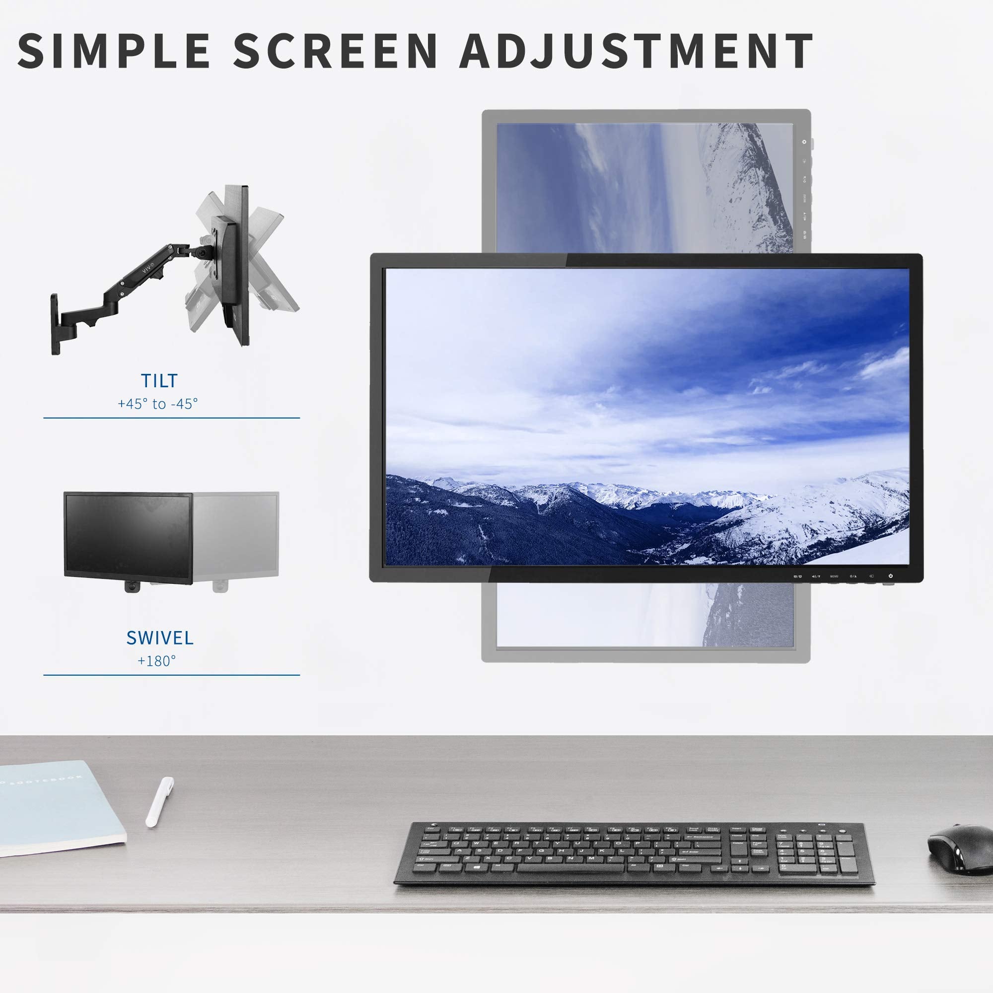 Premium Aluminum Single LCD Monitor Wall Mount for Screens up to 32 inches, Pneumatic Adjustable Arm fits up to VESA 100x100, MOUNT-G100B