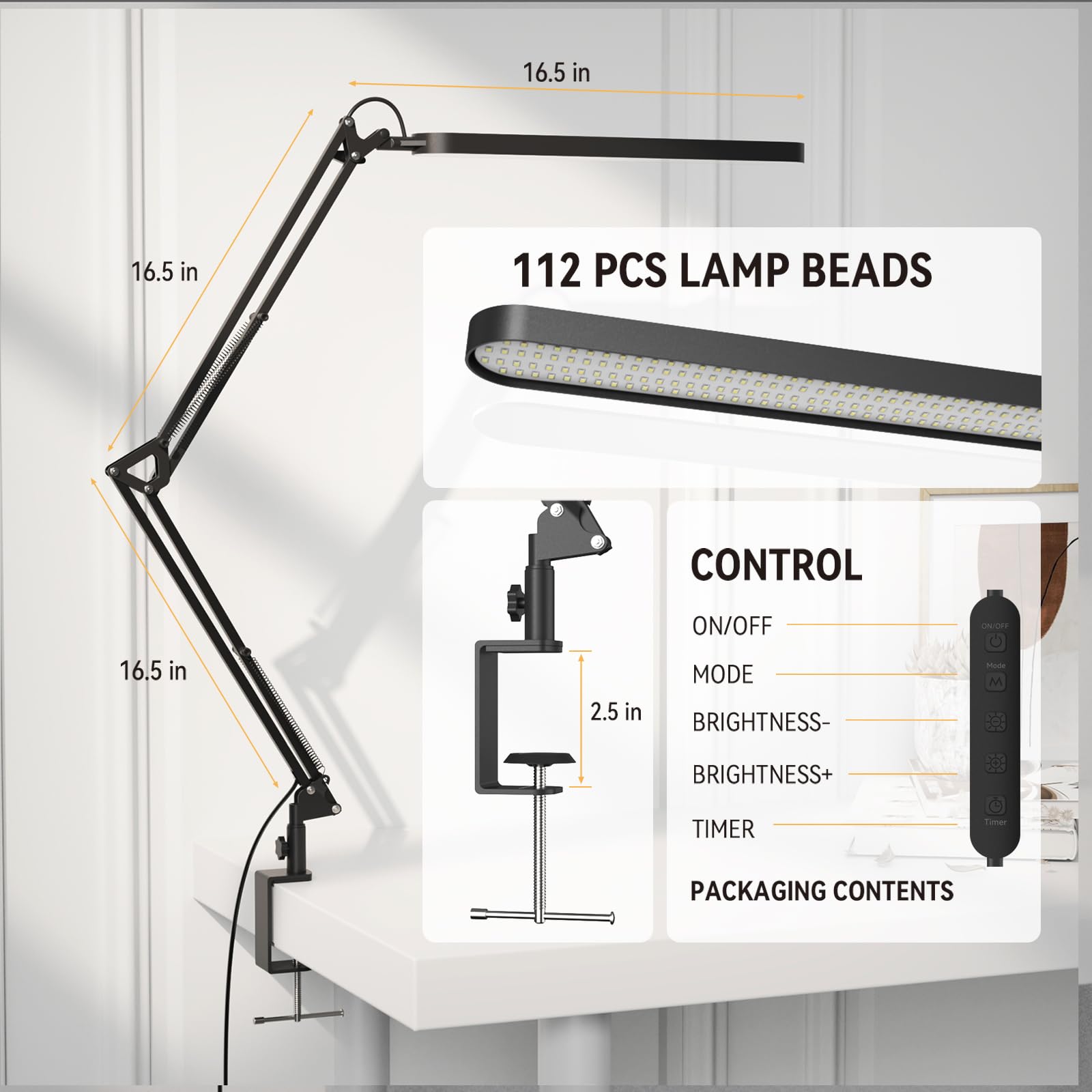 Desk Lamp for Home Office, Eye Comfortable LED Desk Light for Long Hours, Adjustable Swing Arm with Memory Function, Black