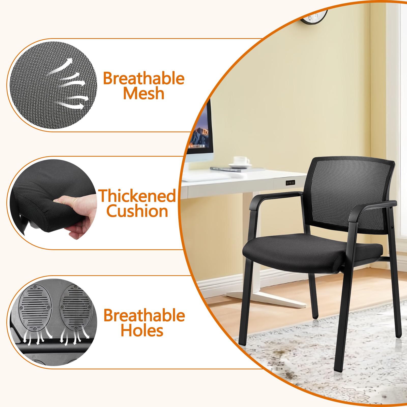 Black 2 Pack Set, Mesh Back Stacking Arm Chairs with Upholstered Fabric Seat and Ergonomic Lumbar Support for Office School Church Guest Reception