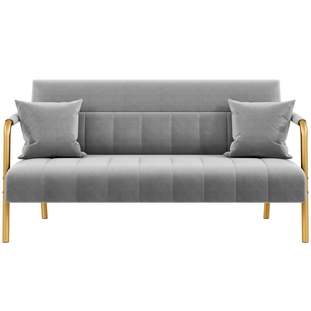 56.5" W Modern Sofa Small Sofa Luxurious Velvet Fabric Couch with Gold-Tone Metal Arms and Legs for Living Room, Home Office, Studio Light Gray