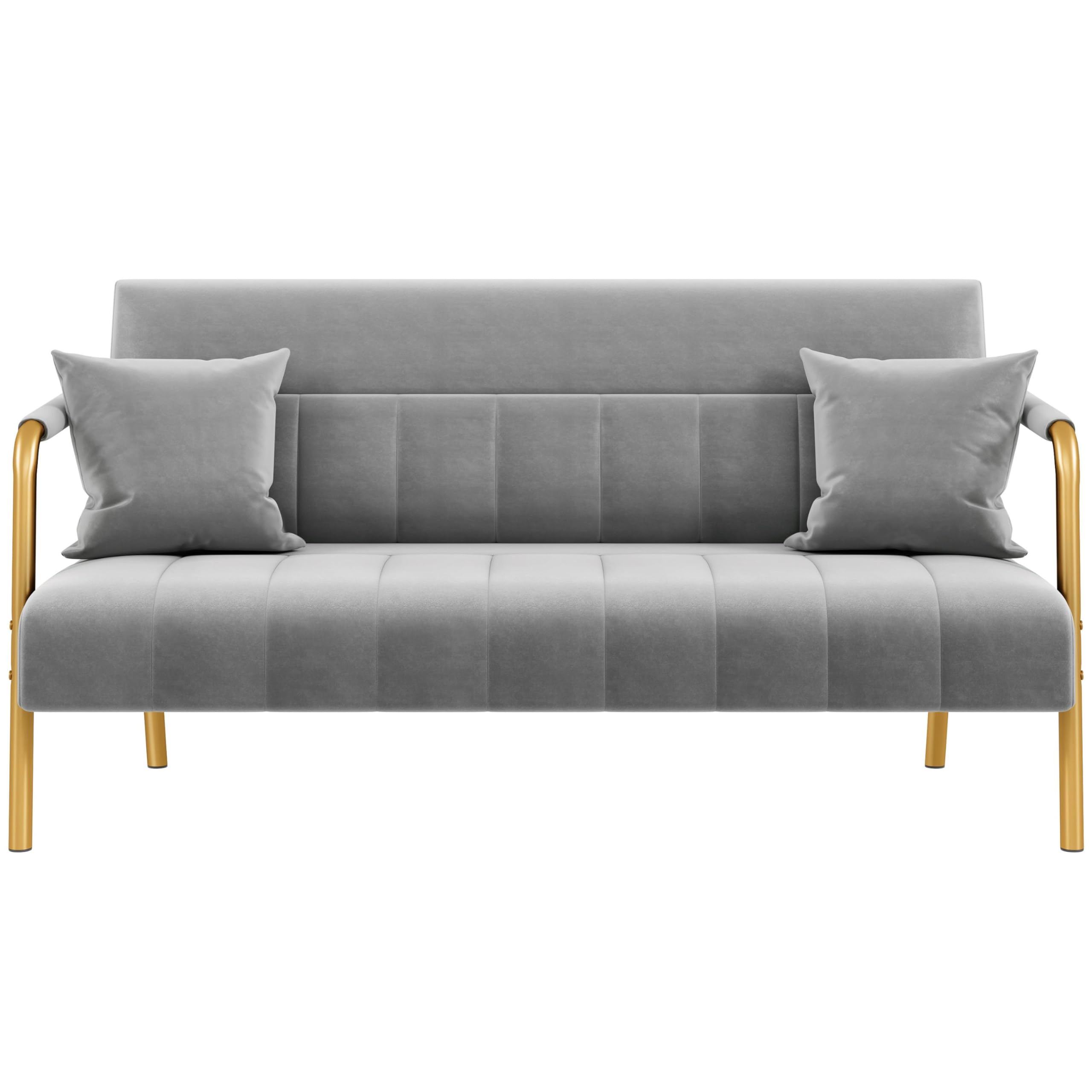 56.5" W Modern Sofa Small Sofa Luxurious Velvet Fabric Couch with Gold-Tone Metal Arms and Legs for Living Room, Home Office, Studio Light Gray