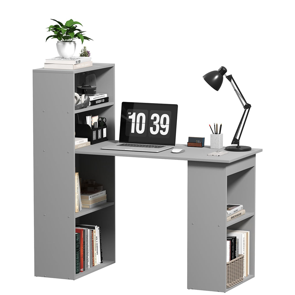 Modern Home Office Desk with 6-Tier Storage Shelves, 47" Writing Desk with Bookshelf, Gray