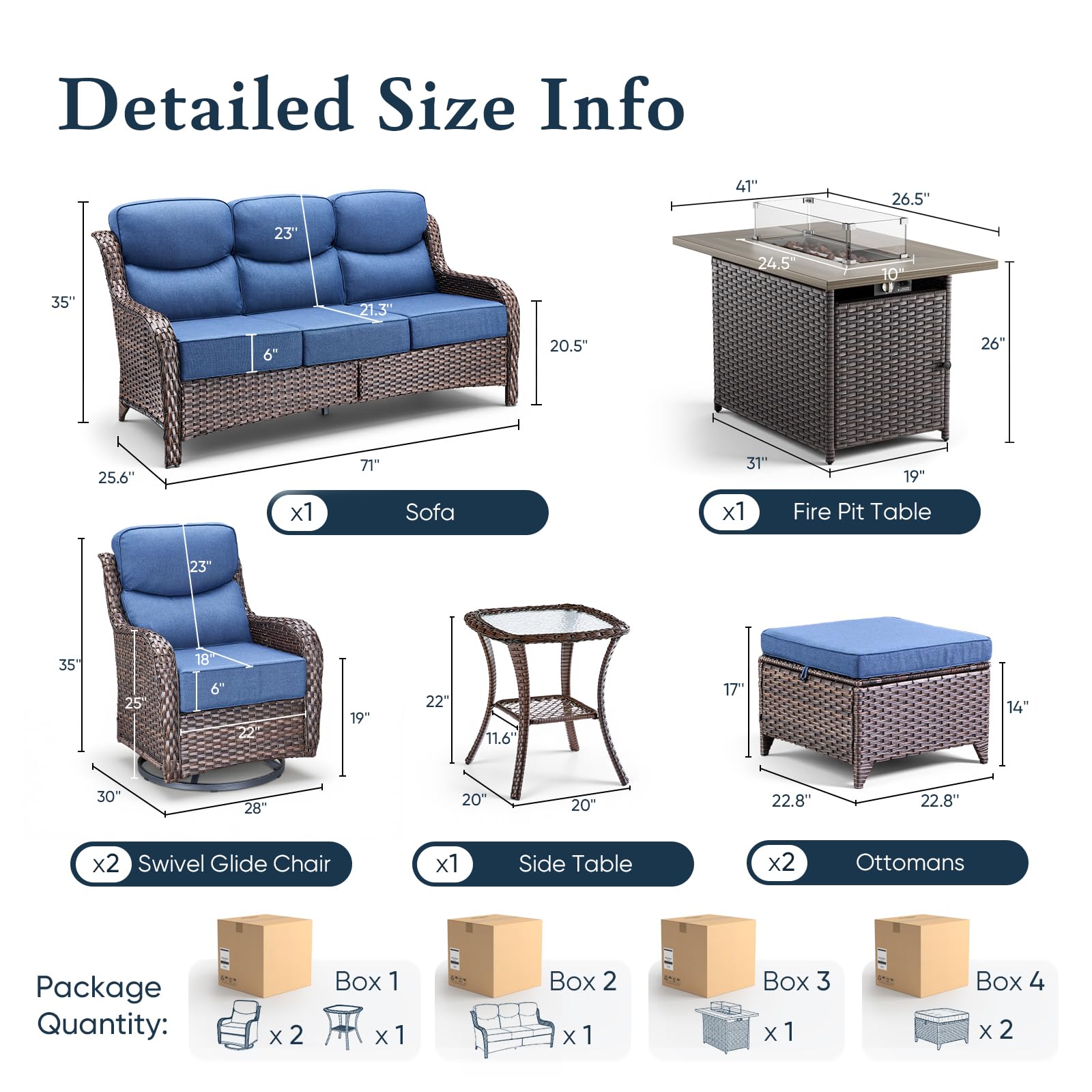 Luxury 6" Thick Cushioned 7 Pieces Patio Furniture Set with Fire Pit Table, Wicker Outdoor Conversation Set with High Back Swivel Rocker Chairs for Deck Porch Yard and Poolside - Brown+Blue
