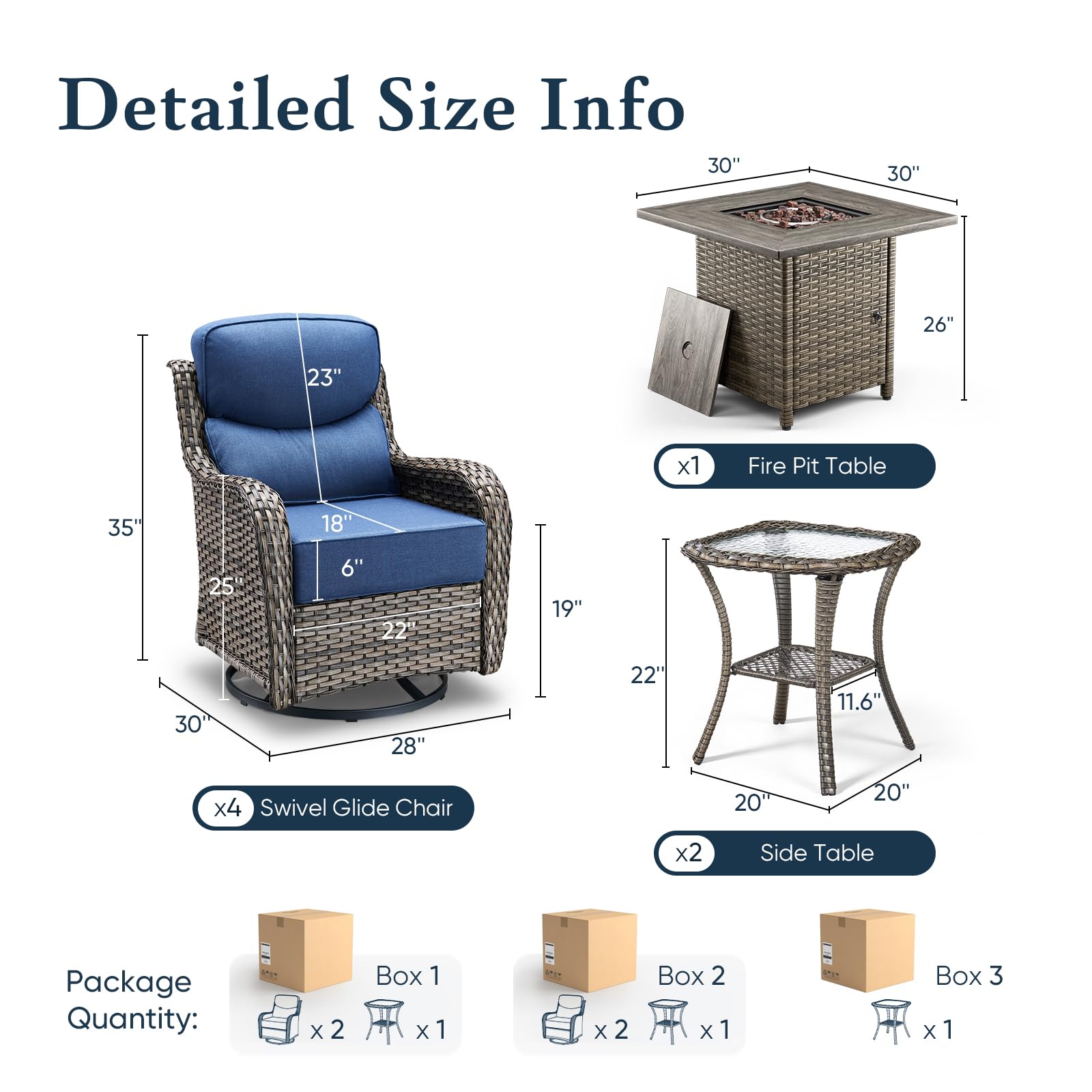 Luxury 6" Thick Cushioned Outdoor Swivel Rocker Chairs Set of 4 with Fire Pit Table, High Back Wicker Patio Furniture Set with Ergonomic Zone Back, Conversation Set for Deck Porch - Grey+Blue