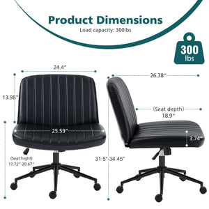 Criss Cross Chair with Wheels Wide Cross Legged Office Desk Vanity Chair Comfy Fabric Armless Adjustable Swivel for Home Computer Task PU Black