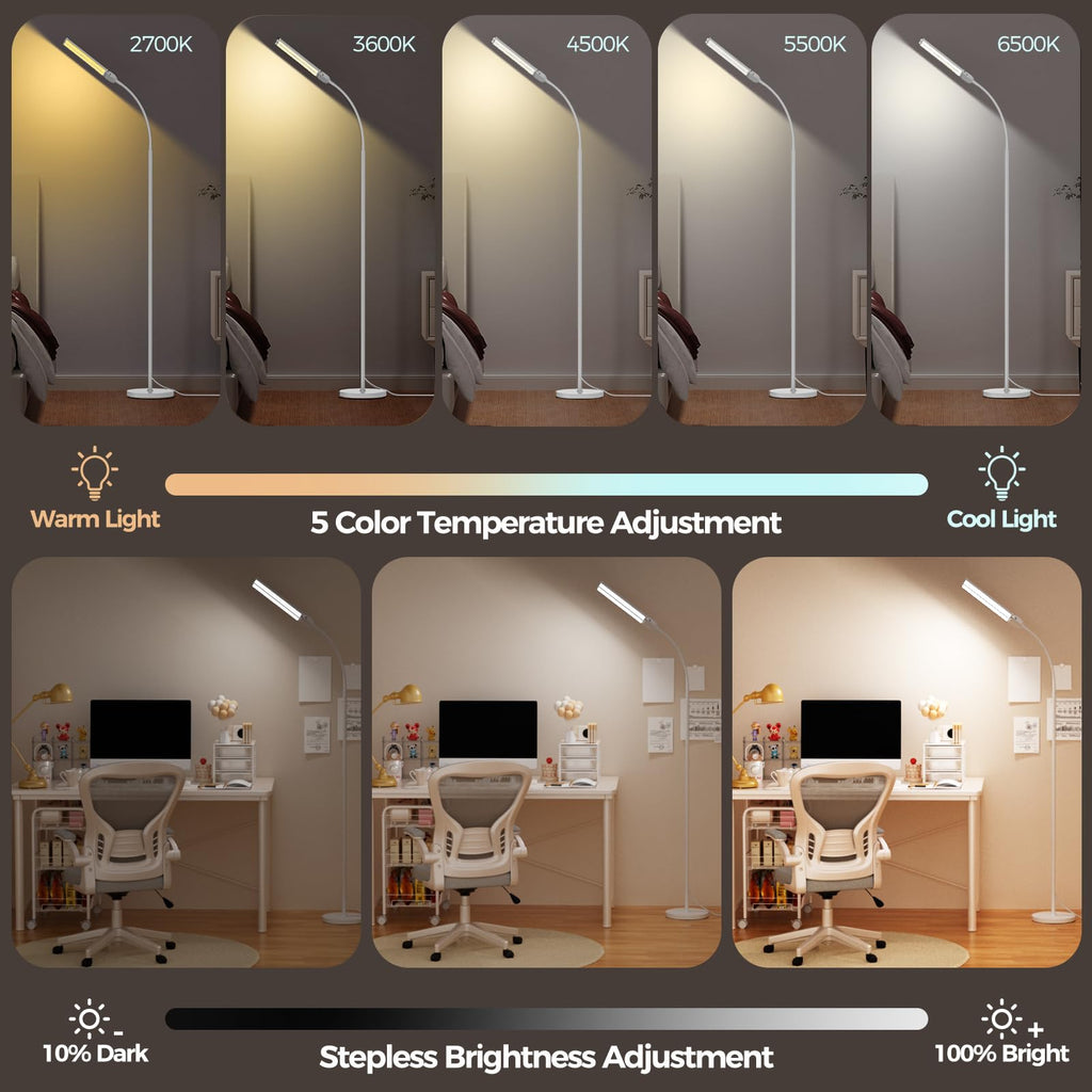 LED Floor Lamp for Living Room, Bright Reading Lamps for Office, Adjustable Colors Temperatures&Brightness, Dual Head Goose Neck Standing Lamp, Remote and Button Control, Eye-Caring Tall Lamp, White