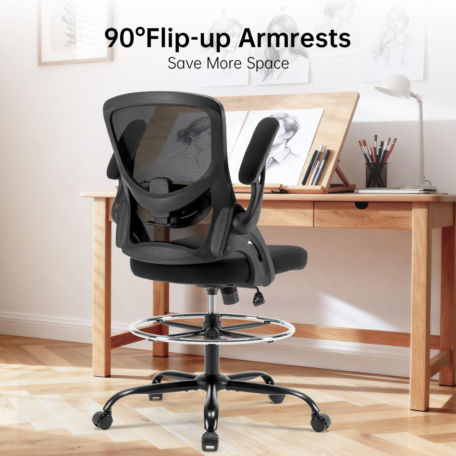 Drafting Chair Ergonomic Computer Standing Desk Chair with Flip-Up Arms and Lumbar Support, Tall Office Chair with Adjustable Footrest, Stool Counter Height Office Chairs Black