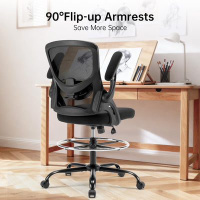 Drafting Chair Ergonomic Computer Standing Desk Chair with Flip-Up Arms and Lumbar Support, Tall Office Chair with Adjustable Footrest, Stool Counter Height Office Chairs Black
