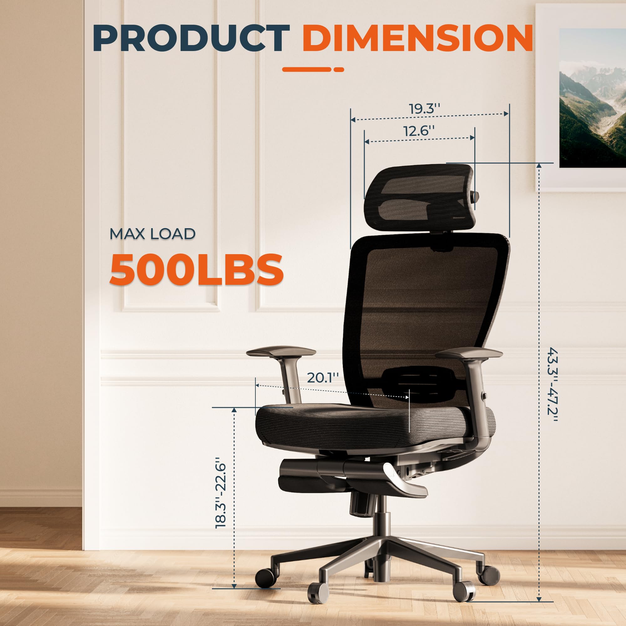 ErgoChair Pro Big and Tall Office Chair, Swivel Computer Chair, Home Office Desk Chairs， with Lumbar Support/17in Retractable Footrest/4D Headrest/400lbs Heavy Duty,Foam Seat Cushion,Black