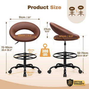 Drafting Chair with Back, Height Adjustable Rolling Stool with Foot Rest, Tall 360° Swivel Stool PU Leather Chair with Wheels for Home Office, Standing Desk, Brown