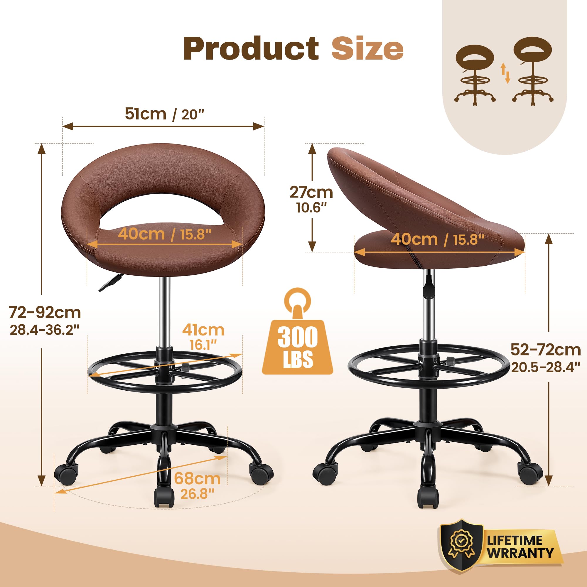 Brown 4 Pack, Drafting Chair with Back, Height Adjustable Rolling Stool with Foot Rest, Tall 360° Swivel Stool PU Leather Chair with Wheels for Home Office, Standing Desk