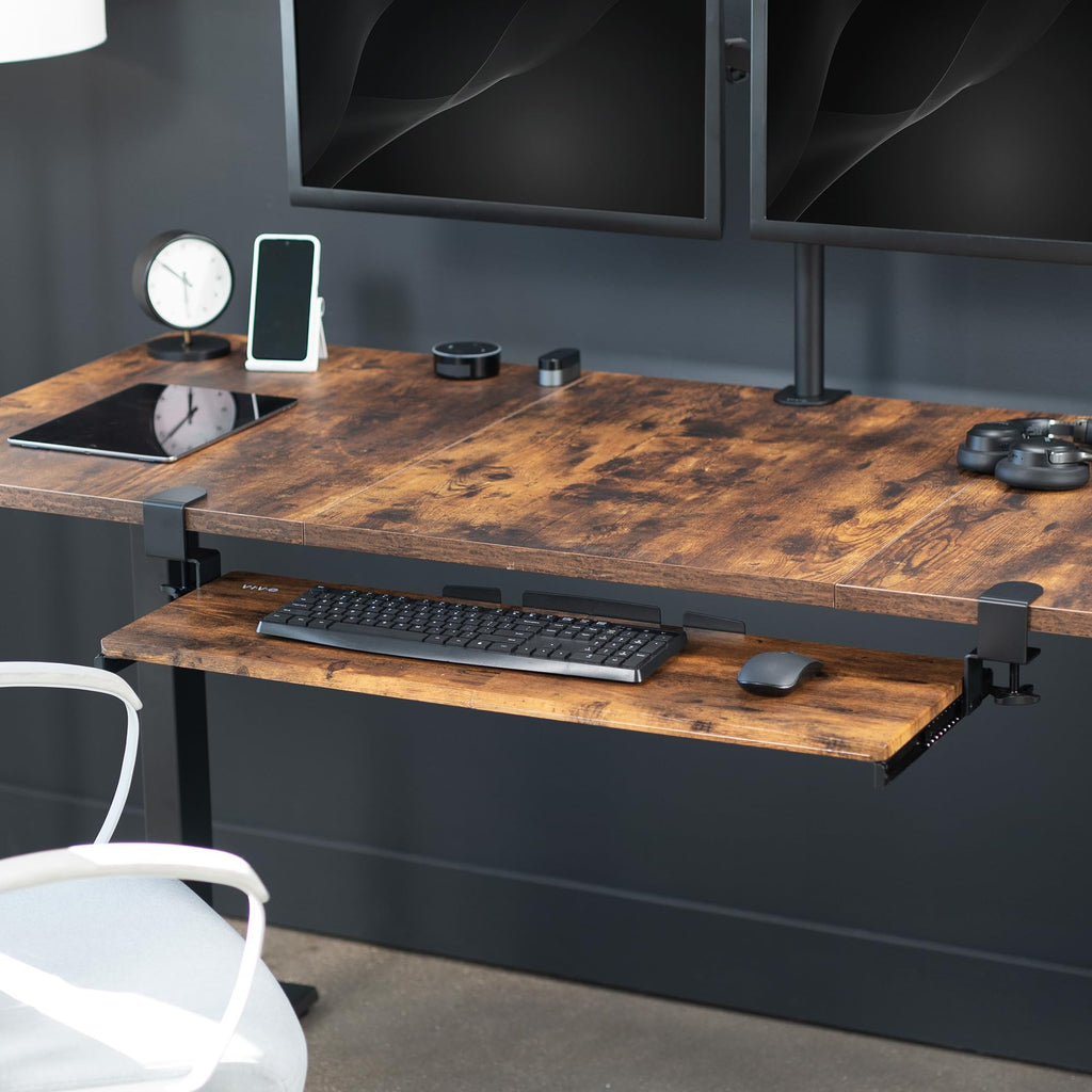 Extra Long Clamp-on Computer Keyboard and Mouse Under Desk Slider Tray, 34 x 11 inch Pull Out Platform Drawer, Rustic Vintage Brown, MOUNT-KB15EN