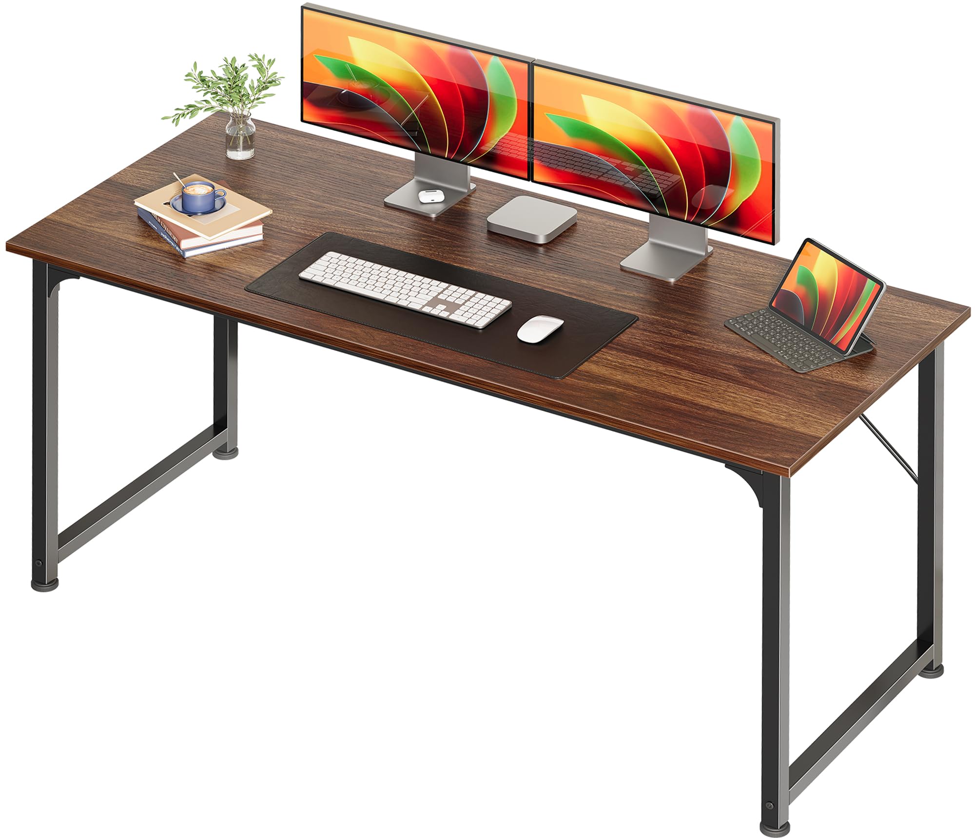 Computer Desk, 54 Inch Office Desk, Gaming Desk with Storage, Writing Desk Work Desk for Home Office, Study, Modern Simple Desk, Large Legroom, Metal Frame, Walnut