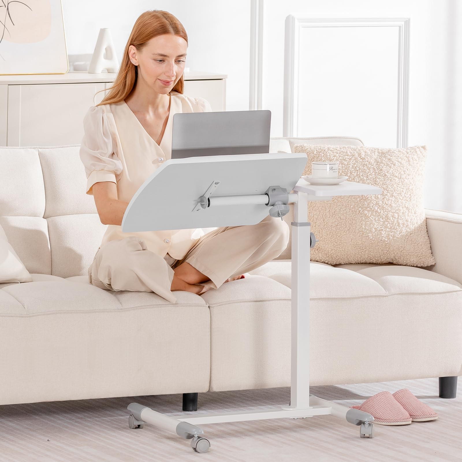 Small Standing Desk, 28 Inches Tiltable Mobile Rolling Laptop PC Table with Lockable Casters, Adjustable Height Overbed Bedside Table Computer Workstation for Home Office, White-Tiltable