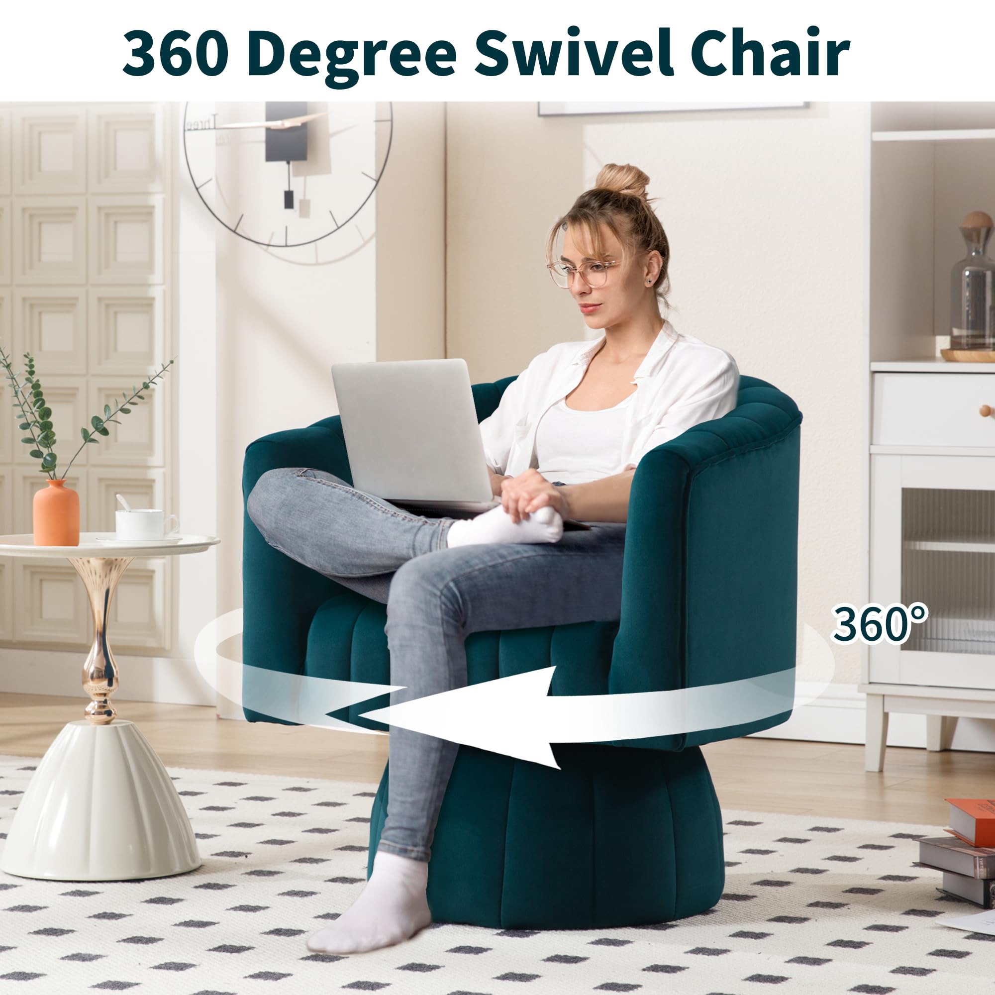Swivel Accent Barrel Chair - Cute Comfy Small Round 360° Arm Chair Velvet Sofa Club Reading Chair for Living Room Bedroom Office Green