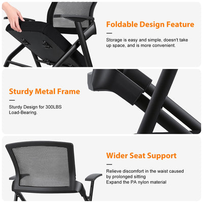 Ergonomic Foldable Office Chair with Breathable Mesh Back, Stackable Conference Chair - PU Wheels & Armrest for Guest, Meeting, Reception (Black)