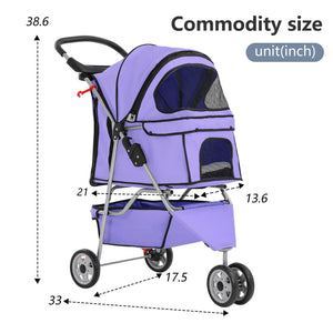 Pet Stroller 3-Wheel Durable Foldable Cat Dog Stroller with Washable Liner Storage Basket Cup Holder,Purple