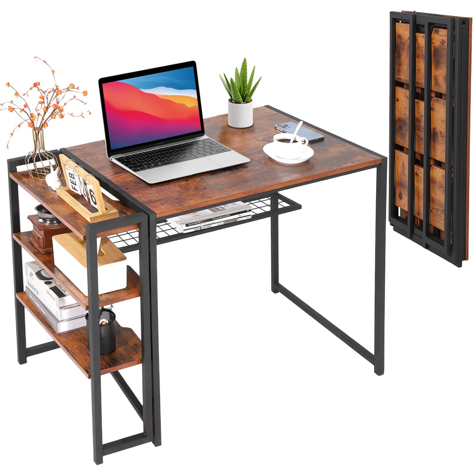 35 inch Folding Desk Writing Computer Desk with Storage Shelf,Spaces Saving Writing Sturdy Table No Assembly,for for Bedroom, Home Office, Dorm, Apartment, Brown