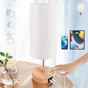 Bedside Lamp with USB A+C Port - Touch Control Table Lamp for Bedroom Wood 3 Way Dimmable Nightstand Lamp with Round Flaxen Fabric Shade for Home Office (LED Bulb Included)