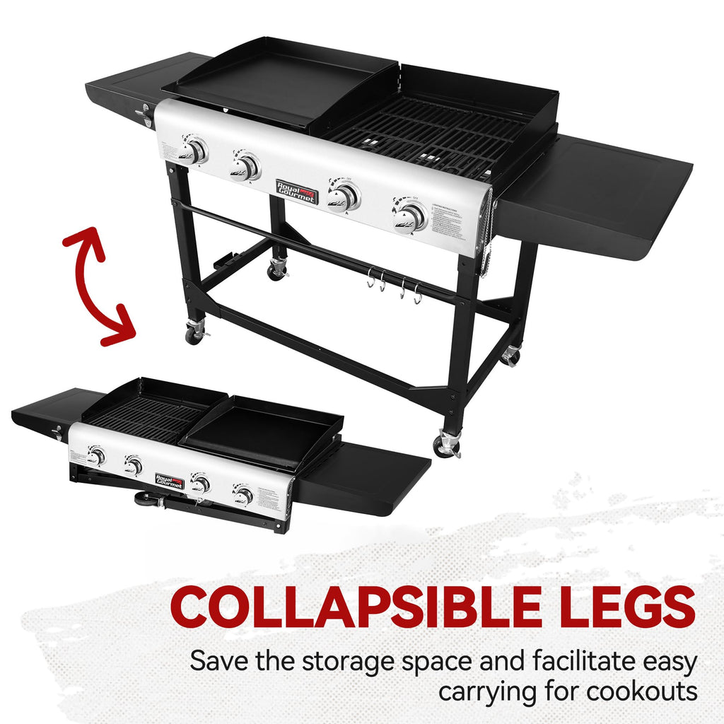 Portable Propane Gas Grill and Griddle Combo with Side Table | 4-Burner, Folding Legs,Versatile, Outdoor | Black 66 Inch