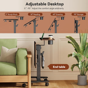 28 inch Mobile Standing Desk On Wheels， Small Computer Workstation Adjustable Height，Rolling Laptop Stand with Tiltable Desktop， 2-Tier Portable Study Table with Storage Shelf， Walnut