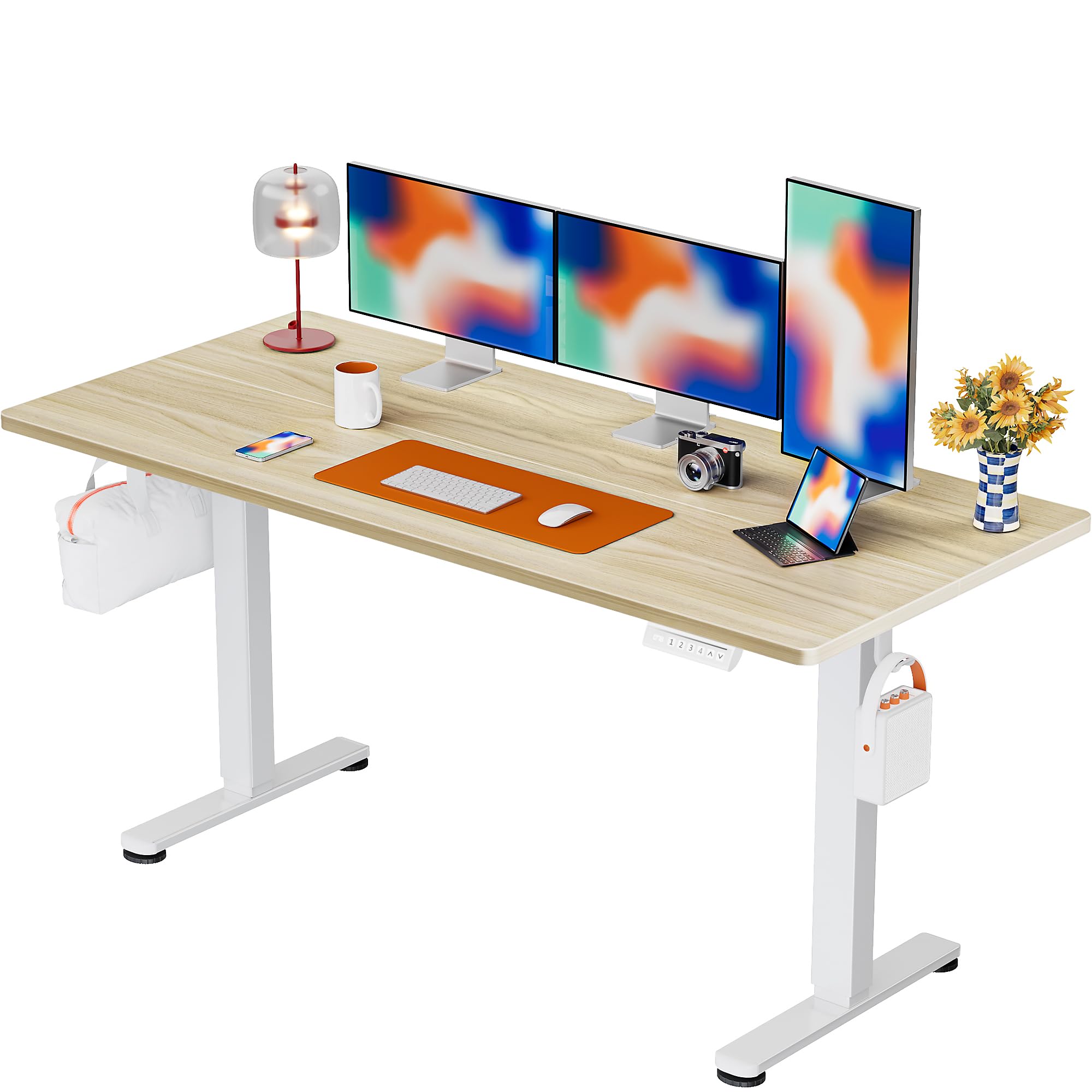 Height Adjustable Electric Standing Desk, 55 x 28 Inches Sit Stand up Desk, Memory Computer Home Office Desk, Natural