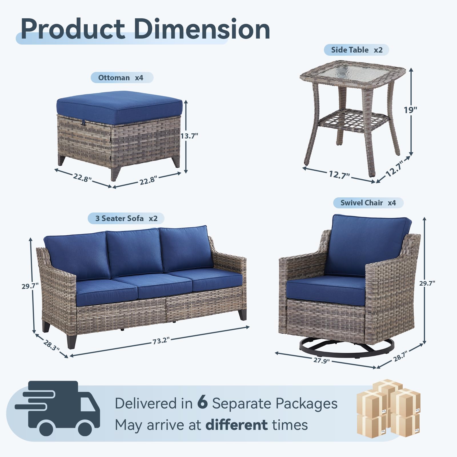 12 Piece Patio Furniture Set-High Back Outdoor Furniture Set Sectional Sofa with Wicker Swivel Patio Chairs,Comfy Cushions Ottomans for Porch Balcony Patio Deck Grey/Blue