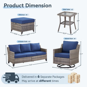 12 Piece Patio Furniture Set-High Back Outdoor Furniture Set Sectional Sofa with Wicker Swivel Patio Chairs,Comfy Cushions Ottomans for Porch Balcony Patio Deck Grey/Blue