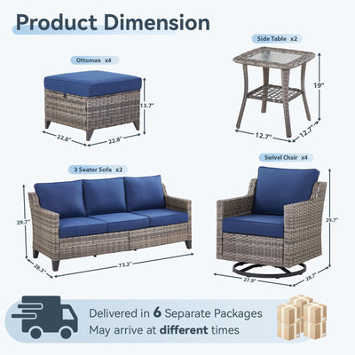 12 Piece Patio Furniture Set-High Back Outdoor Furniture Set Sectional Sofa with Wicker Swivel Patio Chairs,Comfy Cushions Ottomans for Porch Balcony Patio Deck Grey/Blue