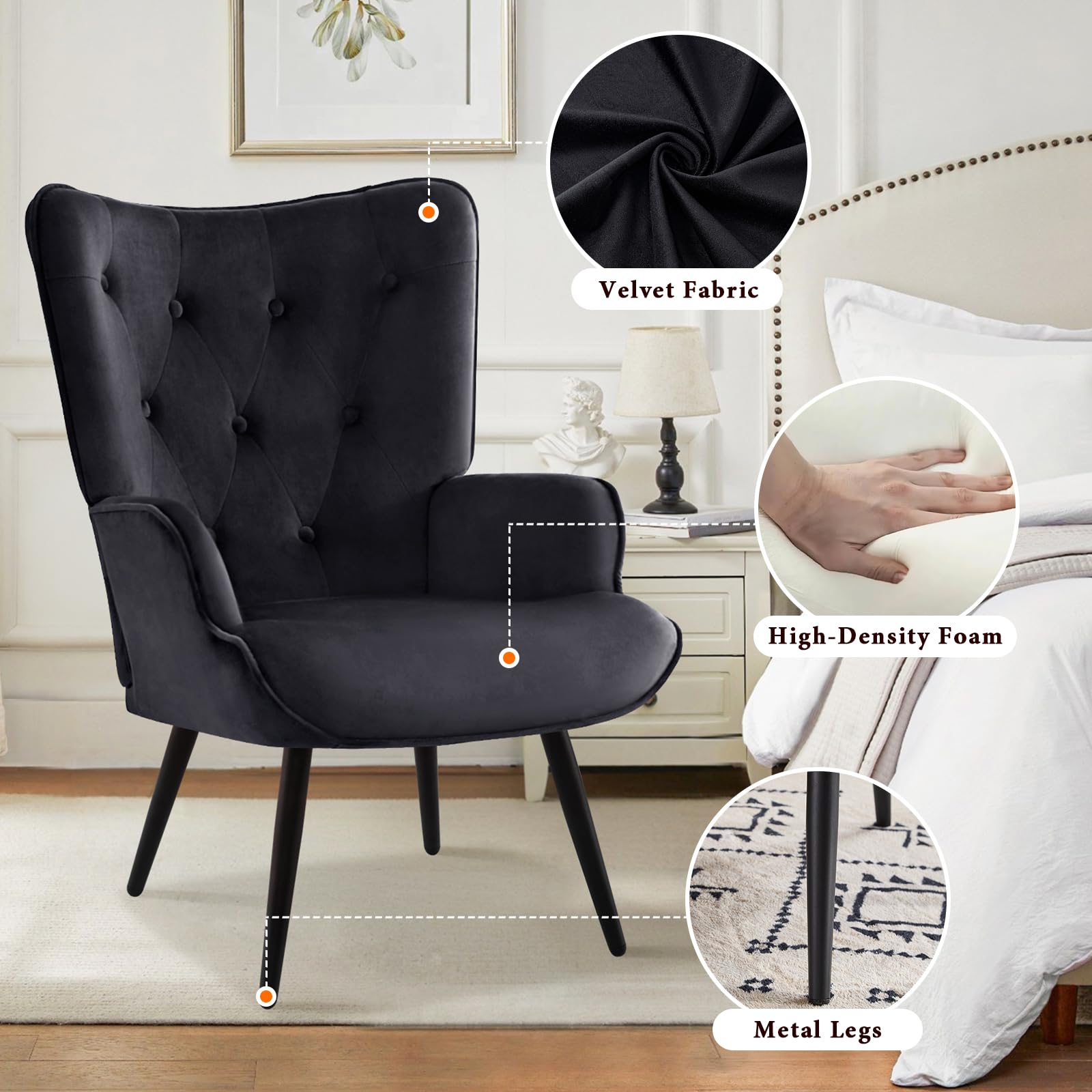 Velvet Accent Chair with Ottoman, Upholstered Reading Chair with High Backrest, Tufted-Button Wingback Armchair for Bedroom, Dressing Room, Home Office, Black