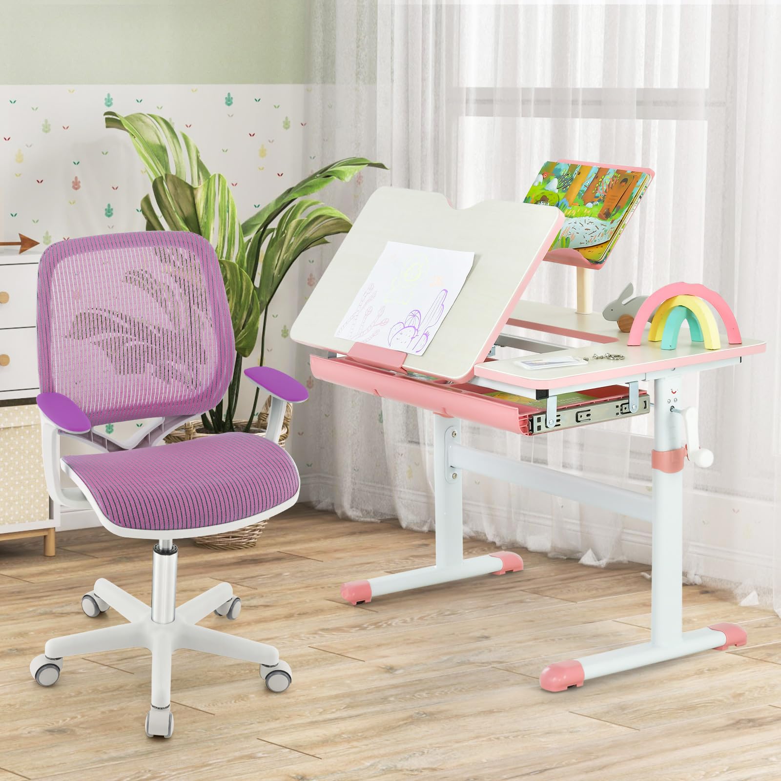 Kids Desk Chair, Height Adjustable Children Study Computer Chair with Armrests, Sit-Brake Casters, Swivel Mesh Task Chair for Boys Girls Teens Students, Kids Chair for Home, Office (Purple)