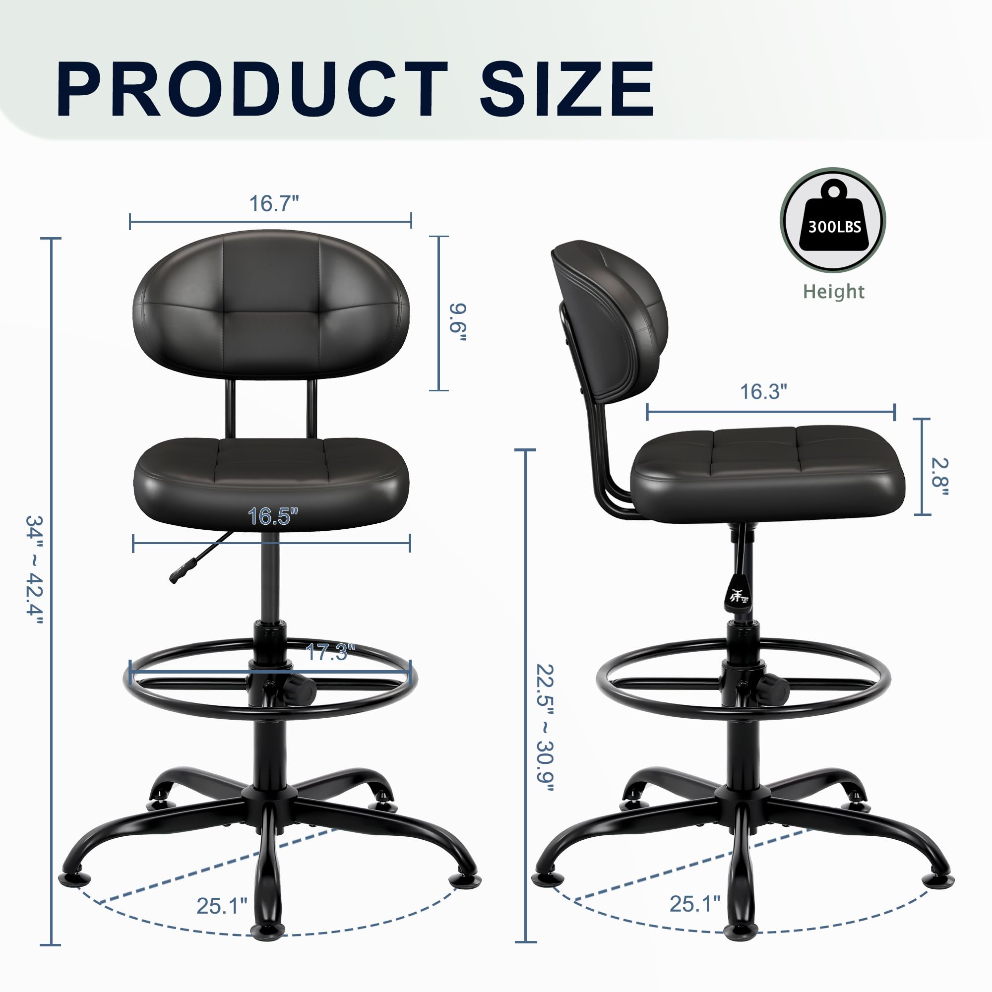 Armless Drafting Chair, Tall Office Chair no Wheels with Footrest Ring for Standing Desk, Small Faux Leather Executive Chair with Adjustable Height for Bar Counter Desk Black