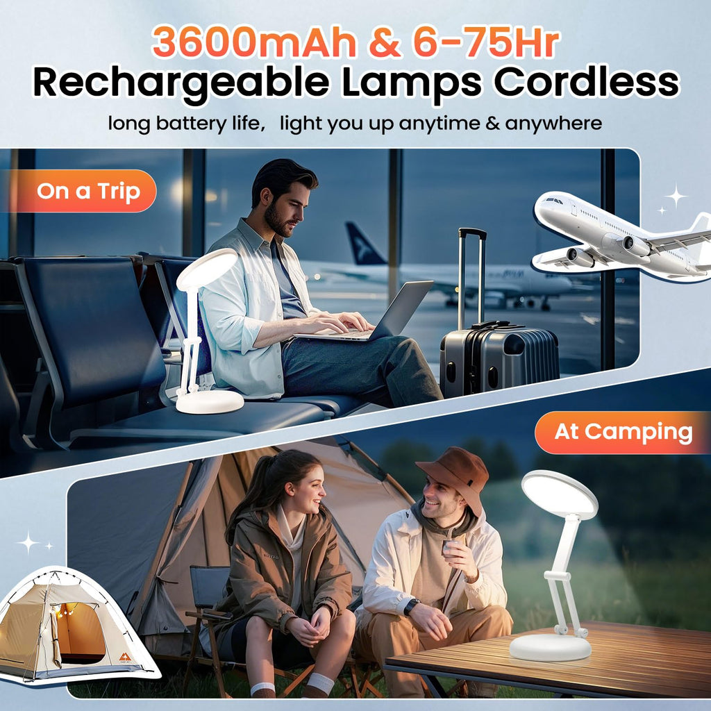 Cordless Desk Lamp,Dimmable Small Battery Powered Lights,3600mAh Rechargeable Wireless Table Lamp,Mini Lamp&Portable Light for Bed,Book Reading,Home for Small Spaces,Nail Light,Craft,Office