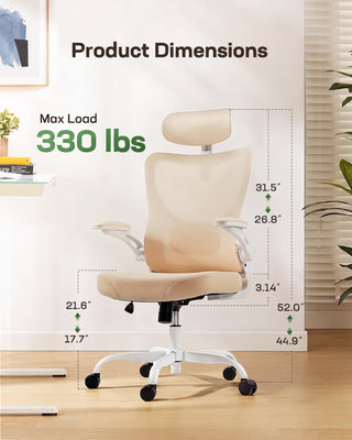 Ergonomic Office Chair: Office Computer Desk Chair with High Back Mesh and Adjustable Lumbar Support Rolling Work Swivel Task Chairs with Wheel 3D Armrests and Headrest (White)