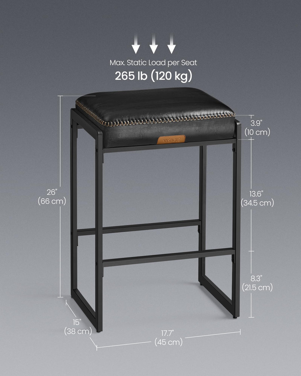 Bar Stools Set of 2, Counter Height Bar Stools, Synthetic Leather with Stitching, Mid-Century Modern Counter Stools, 26-Inch Tall, Kichen Home Bar Dining Room, Ink Black