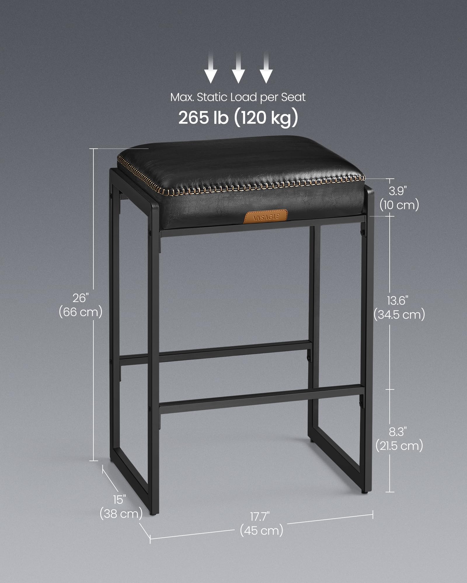 Bar Stools Set of 2, Counter Height Bar Stools, Synthetic Leather with Stitching, Mid-Century Modern Counter Stools, 26-Inch Tall, Kichen Home Bar Dining Room, Ink Black