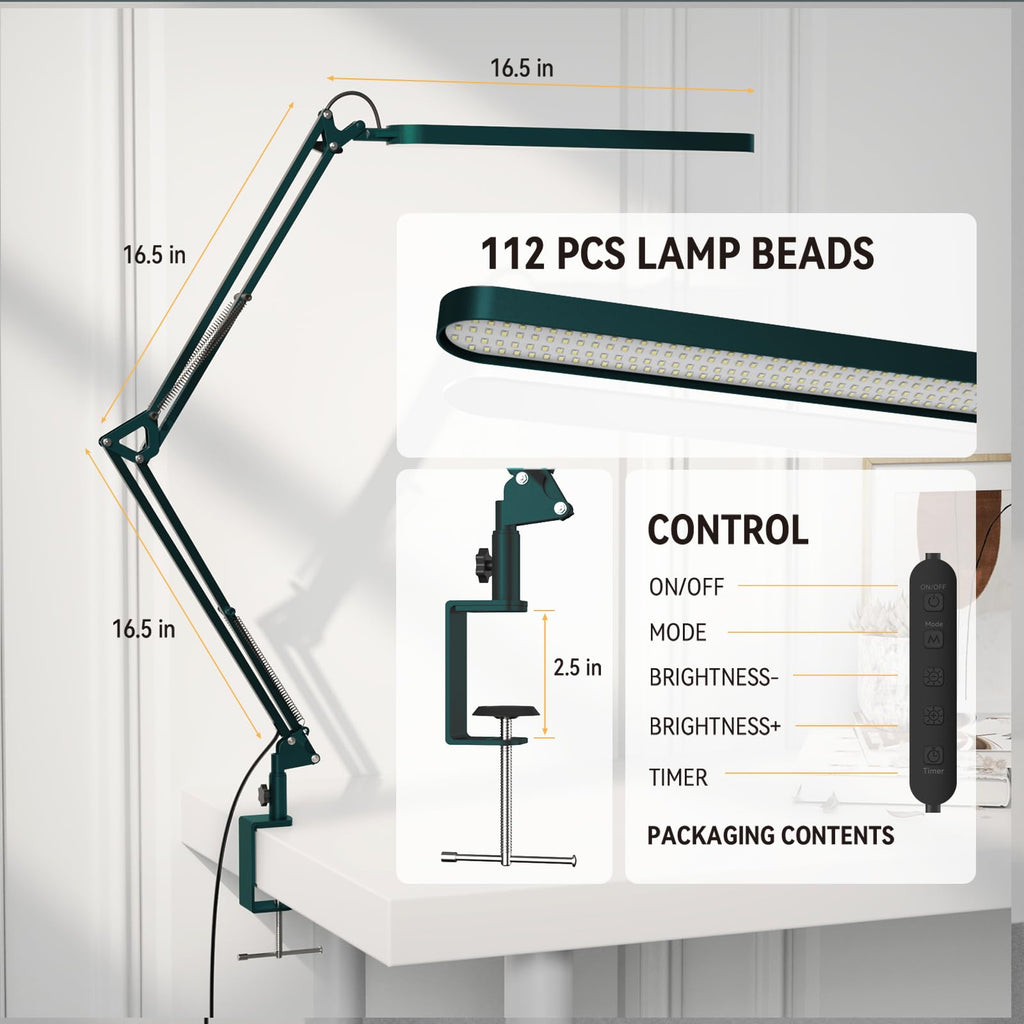 Desk Lamp - LED Desk Light - 5 Color Modes X 11 Brightness Levels - Adjustable Swing Arm - Timmer & Memory Function - 12W Lamp for Desk - Green