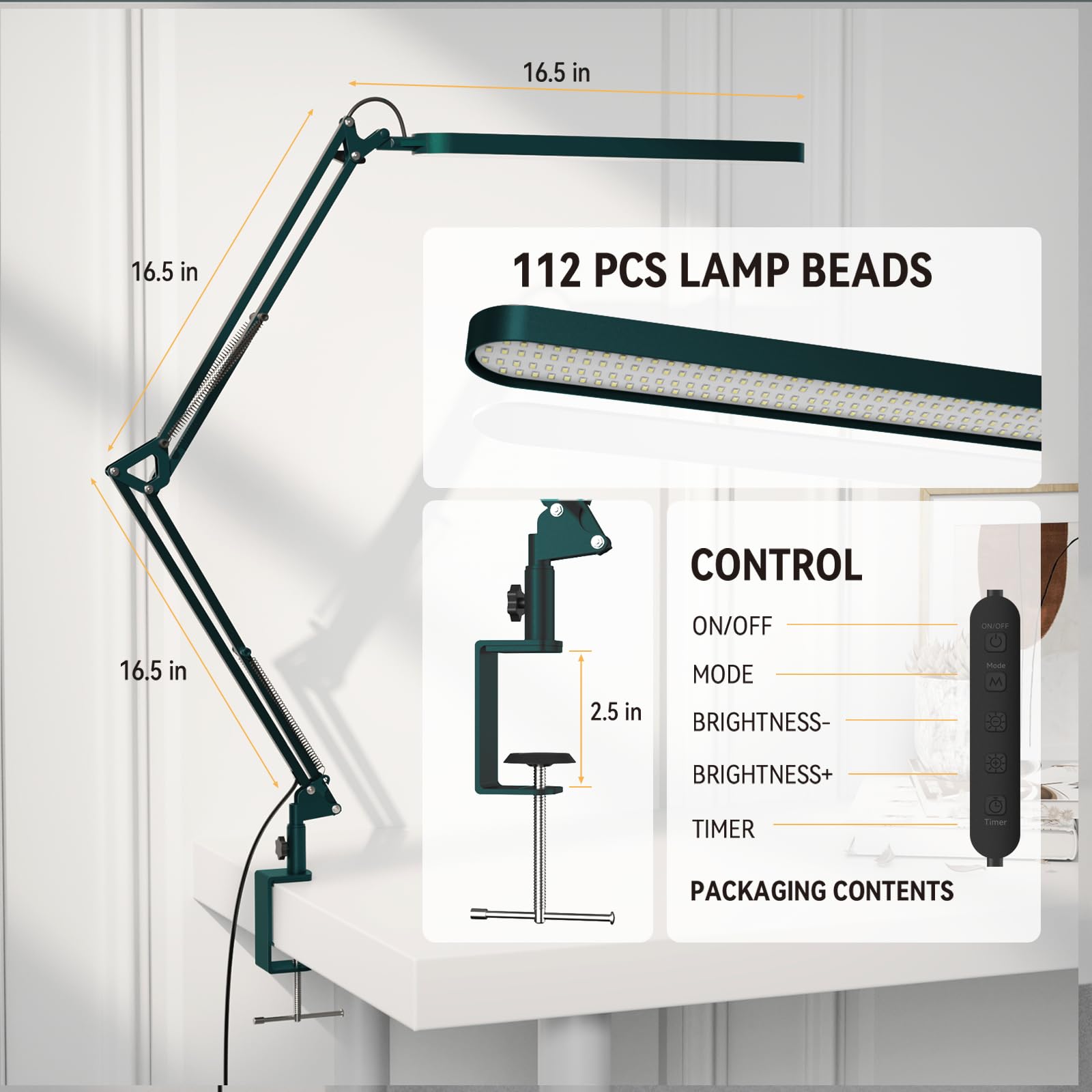 Desk Lamp - LED Desk Light - 5 Color Modes X 11 Brightness Levels - Adjustable Swing Arm - Timmer & Memory Function - 12W Lamp for Desk - Green