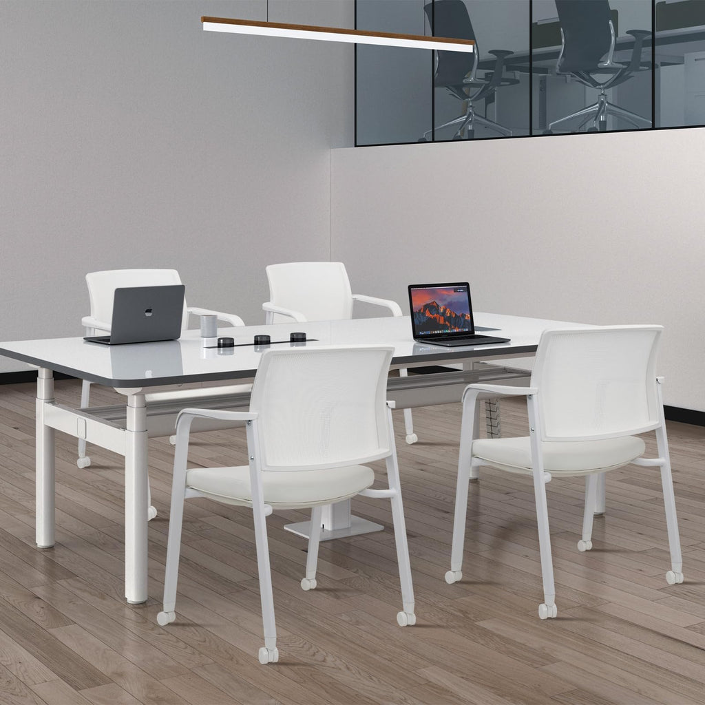 Set of 2, White, Stacking Office Chairs | Mesh Back, Thicken Leather Seat and Arms, Ergonomic Lumber Support | Guest Reception, Waiting, Conference, School, Party, Customer, Side, Stationary |