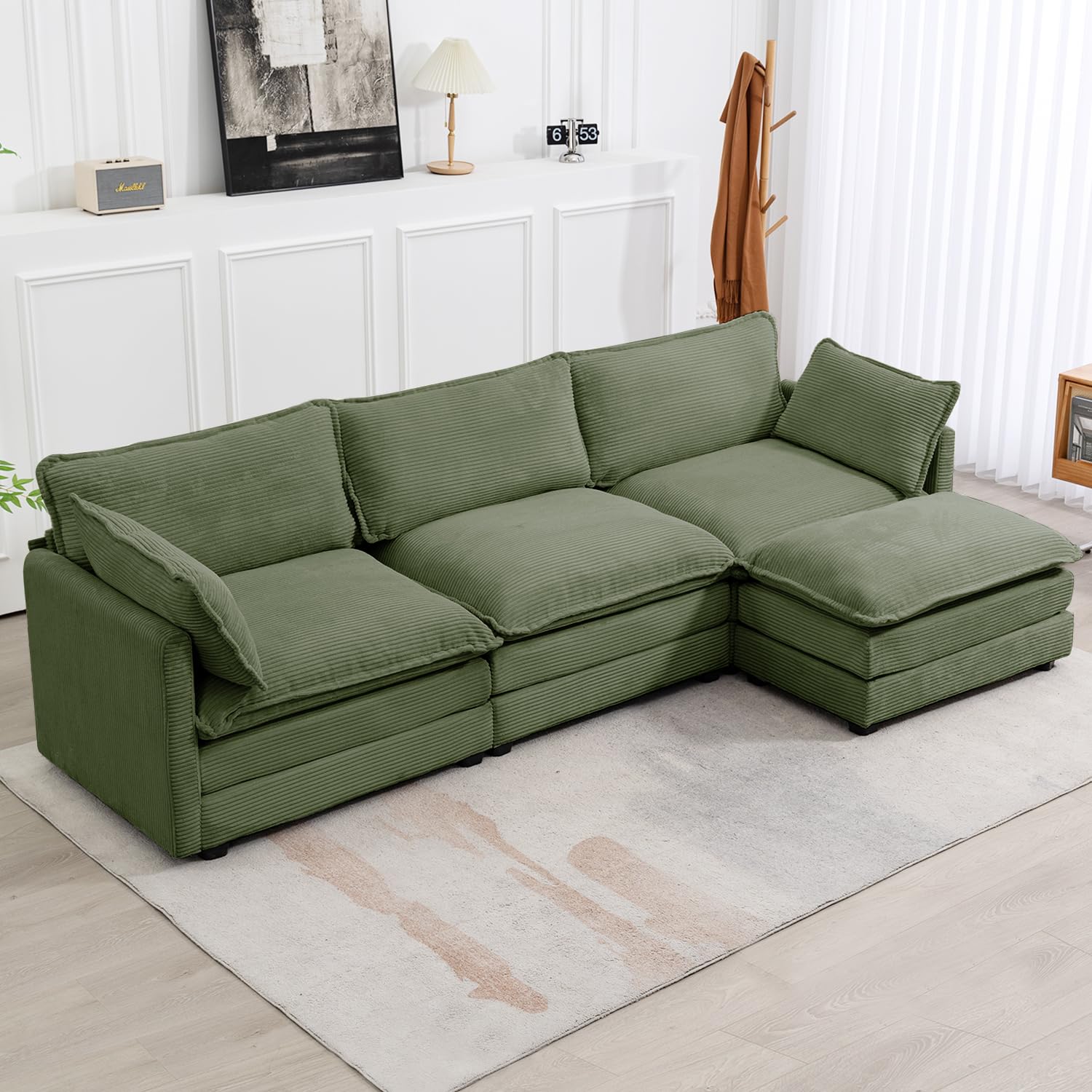 112'' Sectional Modular Cloud Couch, Oversized L Shaped 3 Seat Sofa with Movable Ottomans, 2 Throw Pillows, Upholstered Corduroy L Shape Comfy Deep Couches for Living Room and Office, Green