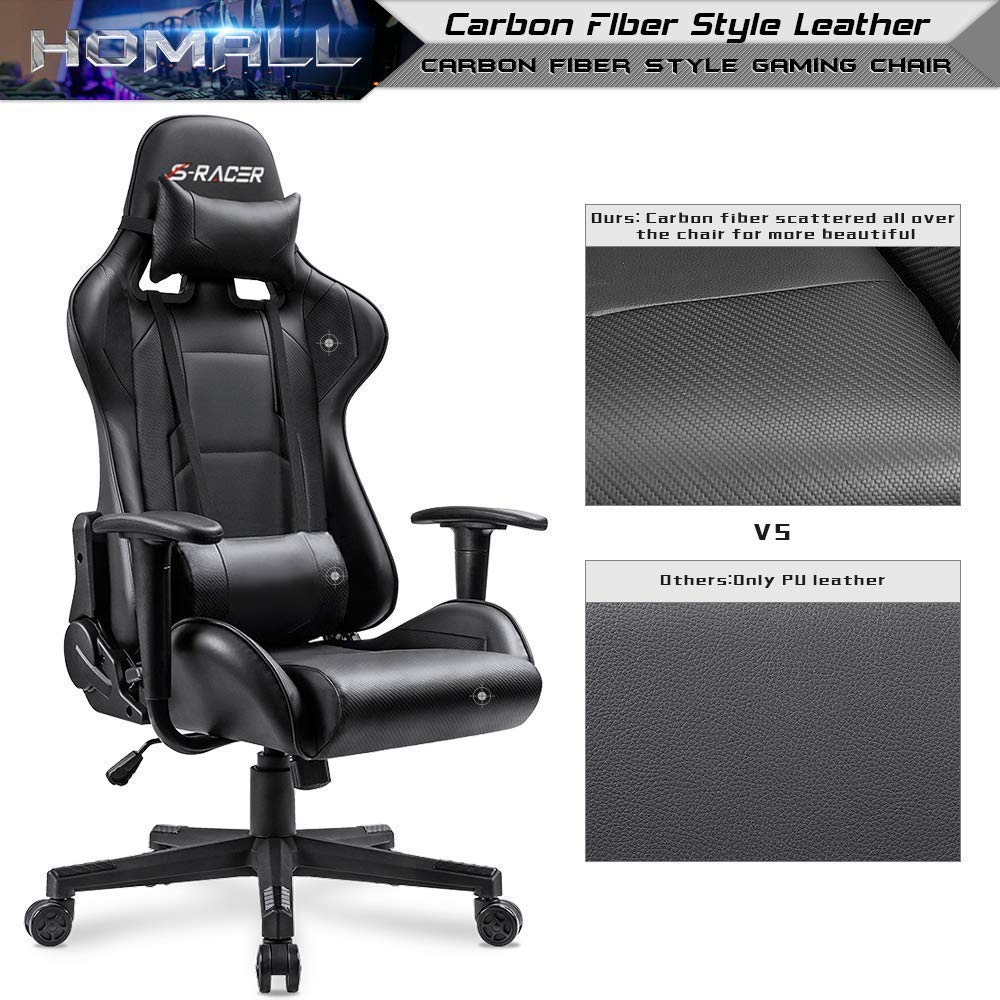 Gaming Chair, Office Chair High Back Computer Chair Leather Desk Chair Racing Executive Ergonomic Adjustable Swivel Task Chair with Headrest and Lumbar Support (Dark Black)