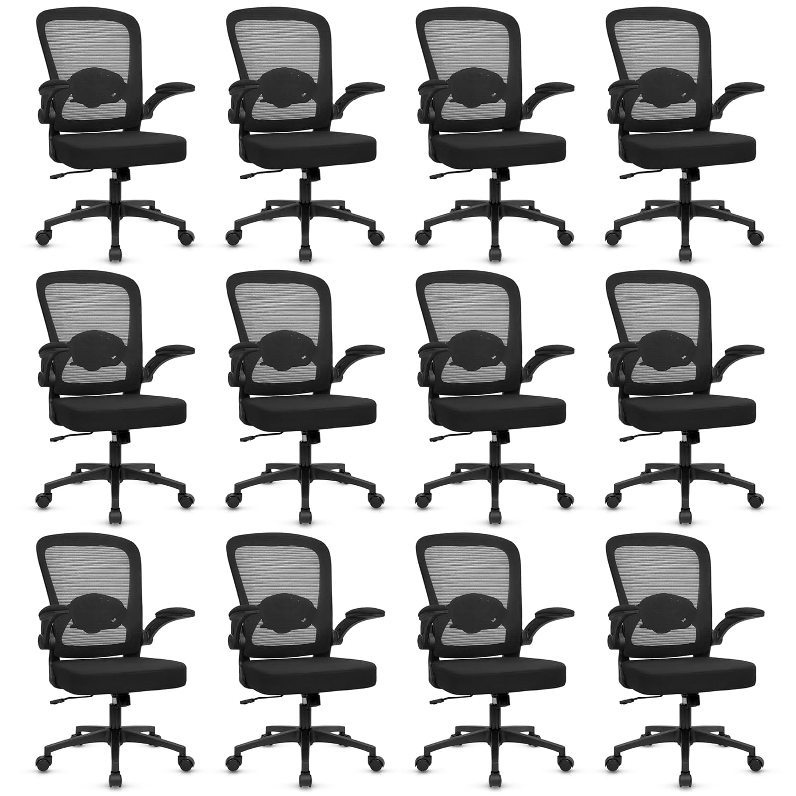 (12PK) Home Office Desk Chair with Flip Up Armrests, Mesh Back Chair with Adjustable Height Lumbar Support, Ergonomic Computer Task Chair with Wheels for School, Conference, Black
