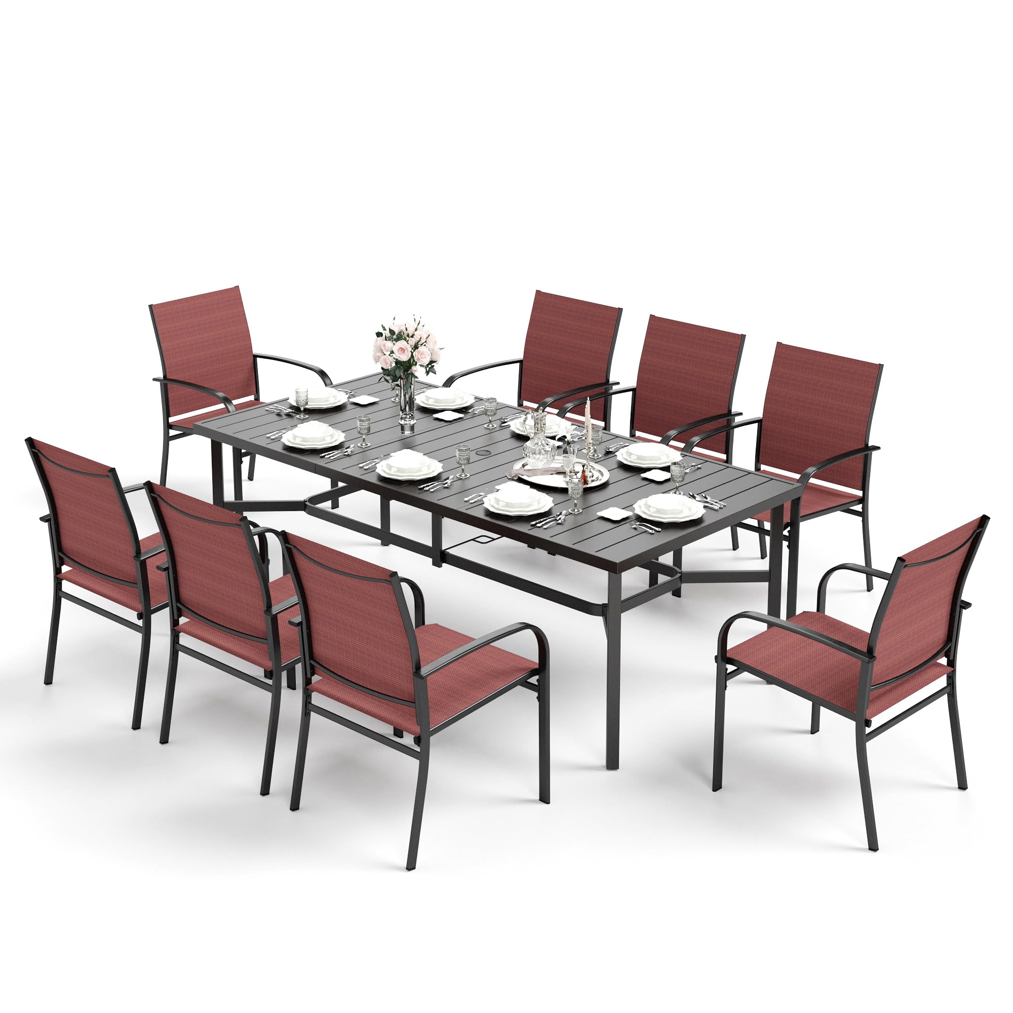 9 Pieces Patio Dining Set, 8 Red Textilene Patio Chairs and 83" Large Rectangle Dining Table, Outdoor Table and Chairs Set for Lawn Garden Backyard Deck